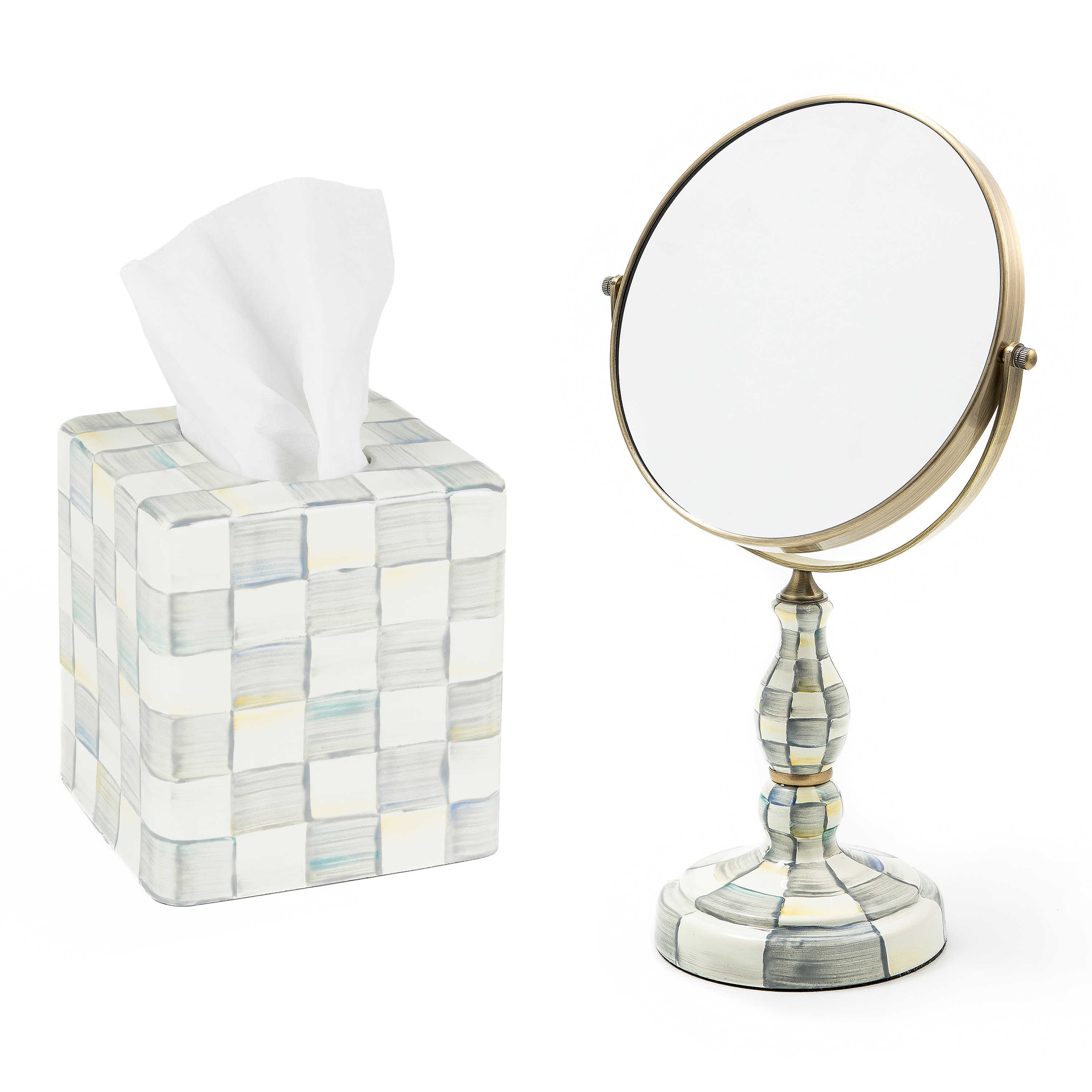 Sterling Check Vanity Mirror & Tissue Box Cover Set mackenzie-childs Panama 0