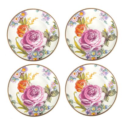 MacKenzie-Childs  White Flower Market Appetizer Plates, Set of 4