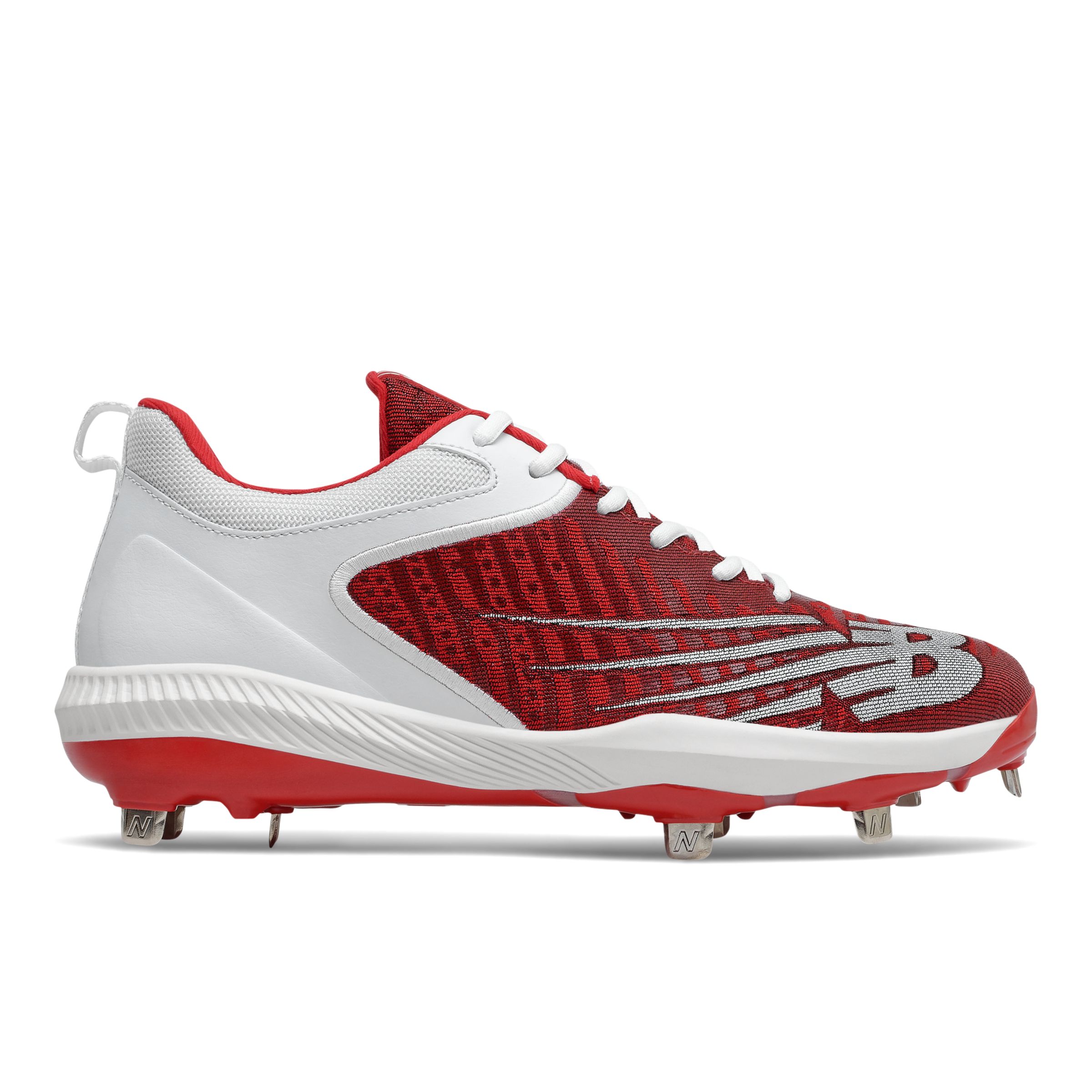 Red and white store metal baseball cleats