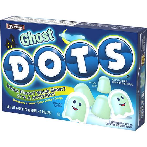 Dots candy shaped liked ghosts with mystery flavors.