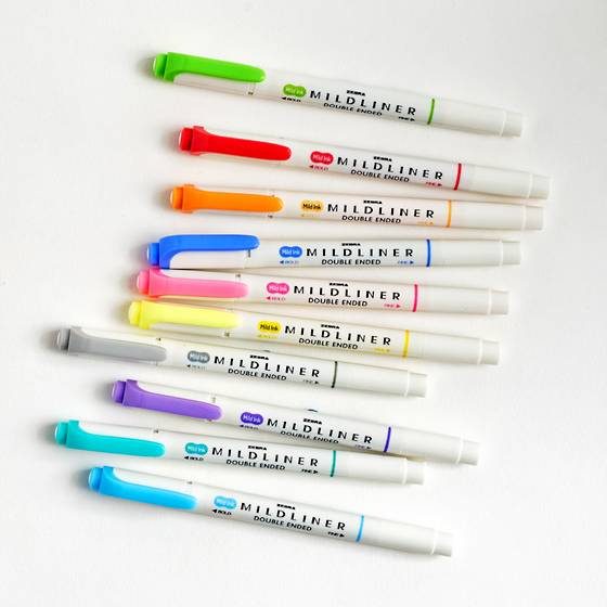 Zebra Mildliner markers feature a unique mild color that shows up softly on paper as well as broad and fine point tips.