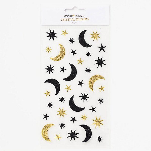 Sun Moon and Stars Sticker Sheet, Set of Small Metallic Gold Vinyl Decals,  Celestial Theme Stickers for Envelopes, Journals and Place Cards 