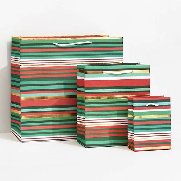 Holiday Stripe design on 3 different sized gift bags