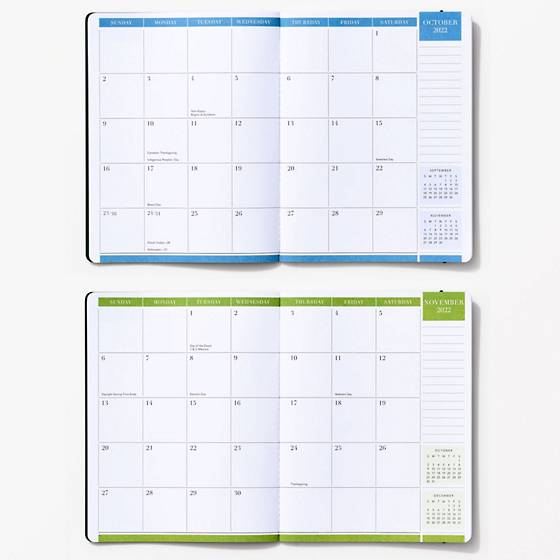open planner showing month view.