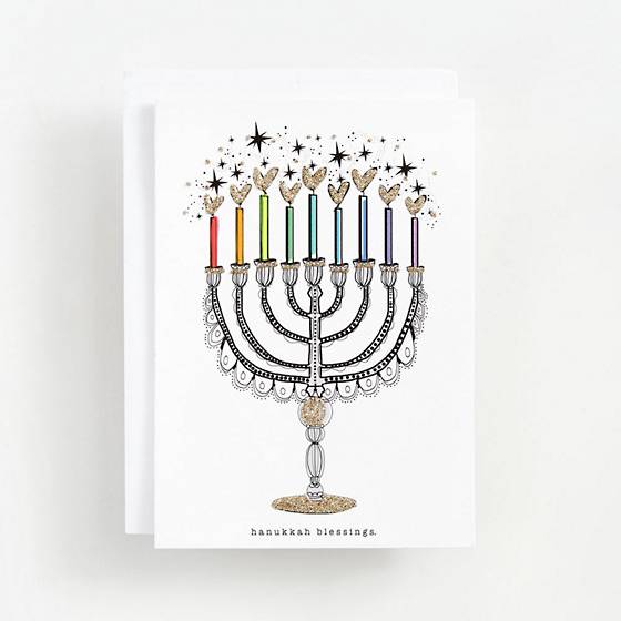 Hanukkah Greeting Card featuring original menorah artwork, hand-embellished with paint and gold glitter.