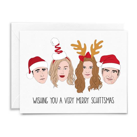 Very Merry Schittsmas Christmas Card featuring characters from Schitt's Creek.