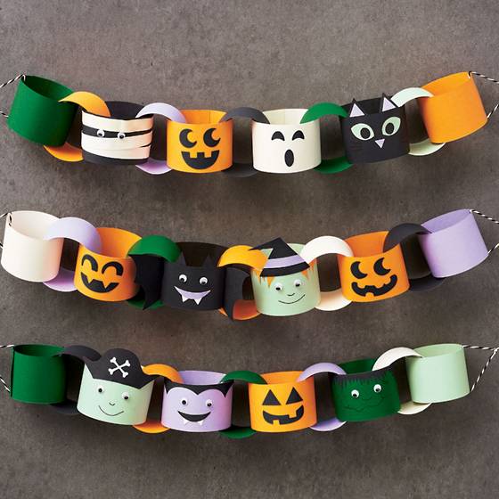 Halloween Paper Chain that Includes classic Halloween characters such as a pumpkin, ghost, cat, pirate, mummy, bat, Frankenstein, vampire and witch.
