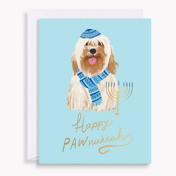 Happy Pawnukkah Dog Hanukkah Cards featuring illustrated dog with Hanukkah colors and items.