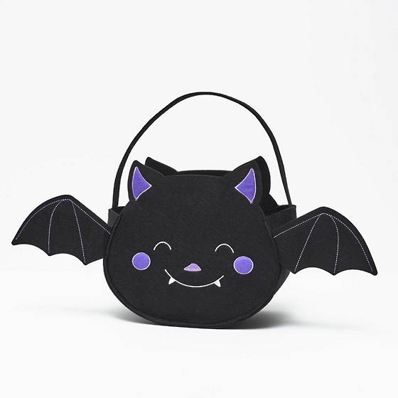Trick-or-treat basket featuring a blushing bat design, complete with wings.
