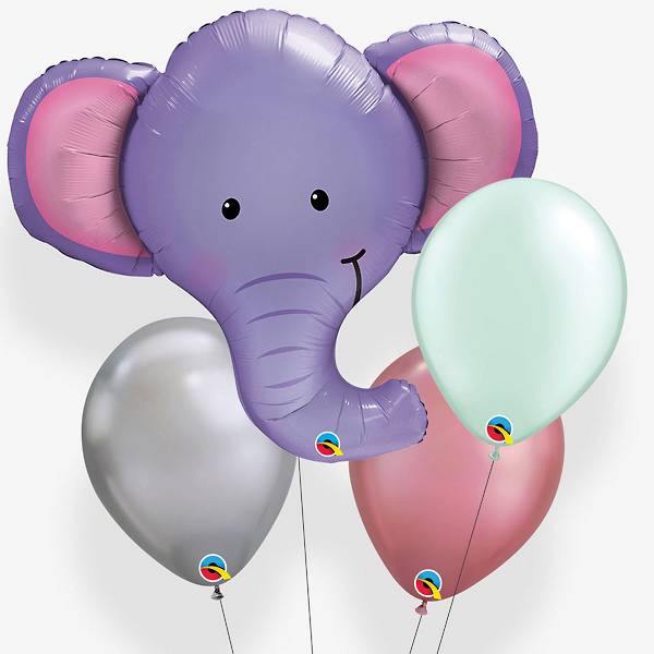 New Baby Balloon Bouquet featuring a elephant face shaped foil balloon and other latex balloons.