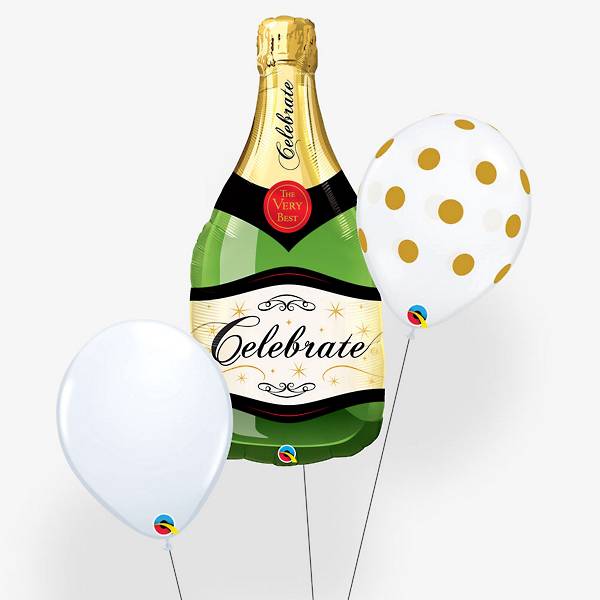 Champagne Celebration Balloon Bouquet featuring a champagne bottle shaped foil balloon with other latex balloons.