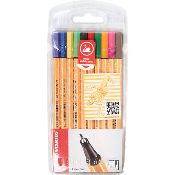 Ten assorted colors of Point 88 fineliner pens featuring non-smudging, water-based ink.