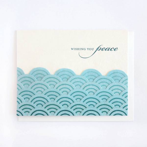 Sympathy greeting card featuring blue scallop waves along the bottom. Card reads, wishing you peace.