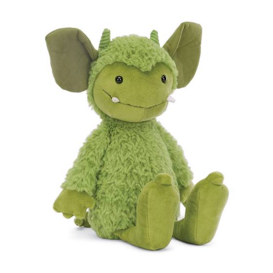 Apple-green colored plush with tufty fluff, suedey leafy ears and knobbly toes, twizzly horns, a suedey fang and a heart-shaped face.
