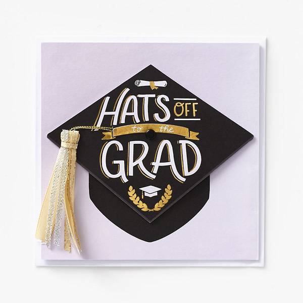 Hats Off Graduation Card embellished with tip-on cap for 3D effect, real tassel, and accented with foil.