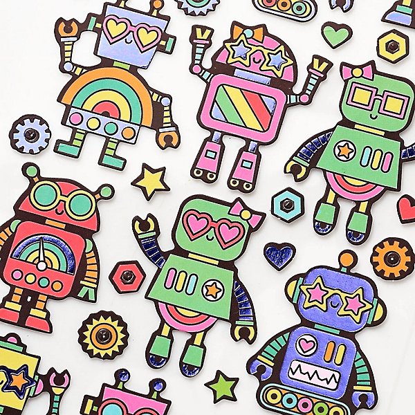 CUTE ROBOT STICKERS Sheet Craft Kids Craft Scrapbook Raised Sticker Space  Age