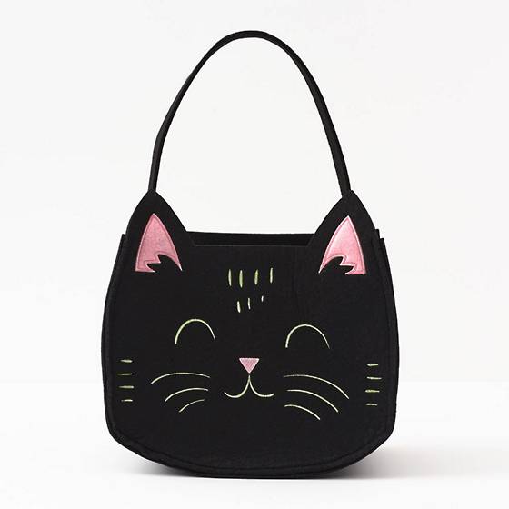 Paper Source designed and exclusive black felt basket with embroidered feline face.