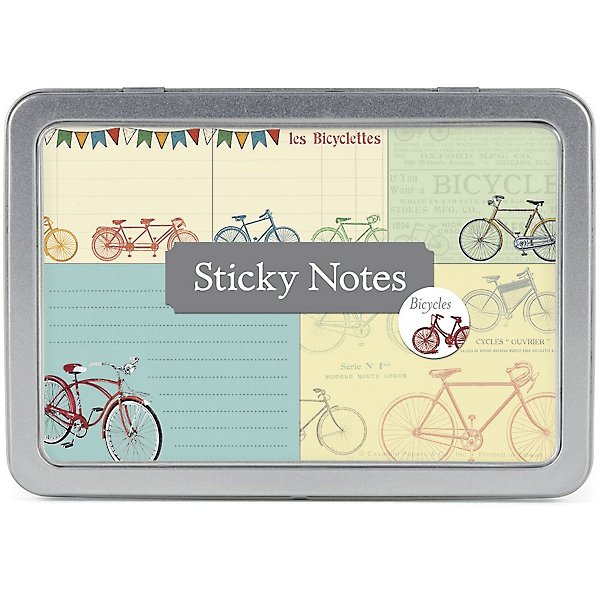 5 Note Pads/60 sheets Vintage Bicycles Tin of Sticky Notes/Memos Cavallini 