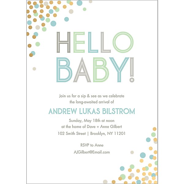 gold foil stamped cool hello confetti baby shower invitation