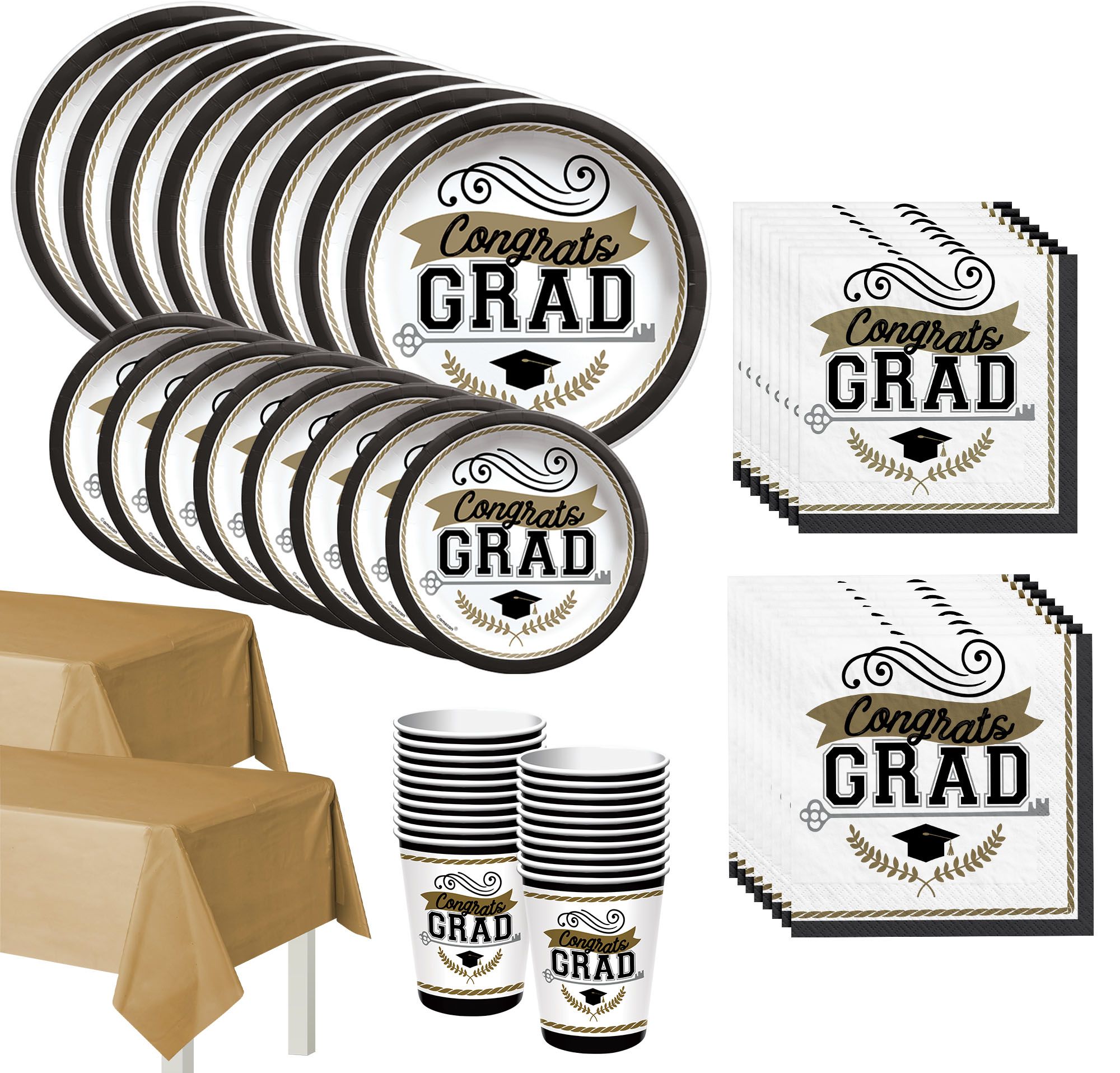 Class of 2021 Black, Gold Tableware Kit for 8 Guests, Graduation