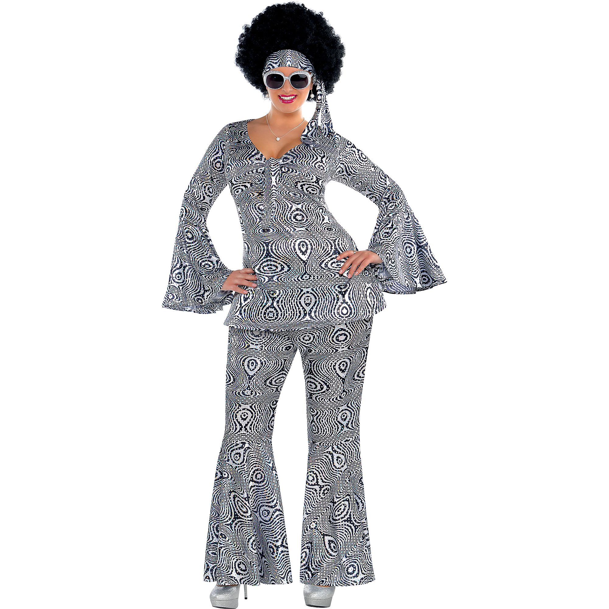 Womens Dancing Queen Disco Costume Plus Size Top Pants Headscarf ...