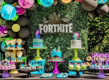 7 Ideas To Unlock A Winning Fortnite Birthday Party Party City - details about roblox birthday balloon box party banner cake cup plate bracelet cupcake topper