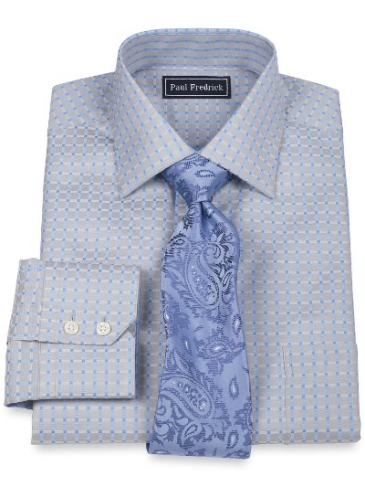 Paul Fredrick Mens 2 Ply Cotton Satin Check Spread Collar Dress Shirt
