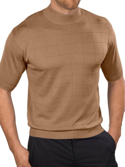 Paul Fredrick Mens Silk Grid Pattern Fine Gauge Short Sleeve Mock Neck Sweater