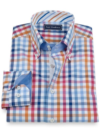Paul Fredrick Mens 100% Cotton Check Button Down Collar Sport Shirt