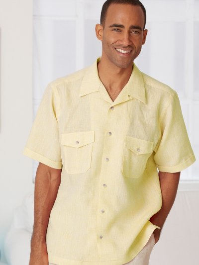 Paul Fredrick Mens Linen Camp Collar Cuffed Short Sleeve Sport Shirt