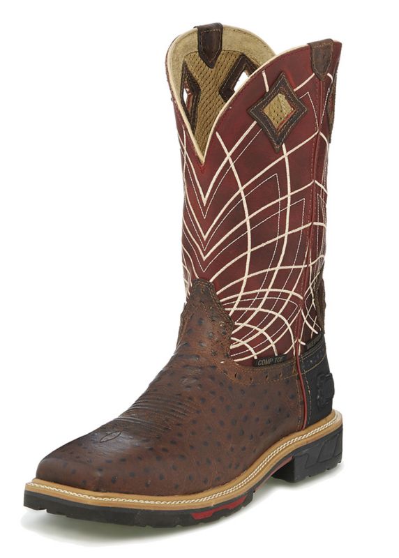 justin men's derrickman ostrich print composite toe work boots