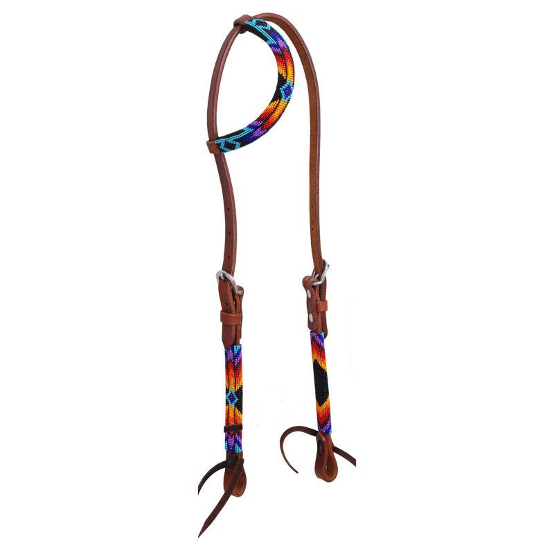 Circle Y Wrapped Bead OneEar Headstall Blu/Red/Org