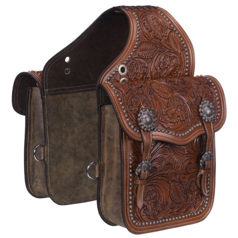 Tough1 Oak Leaf Tooled Saddle Bag Brown