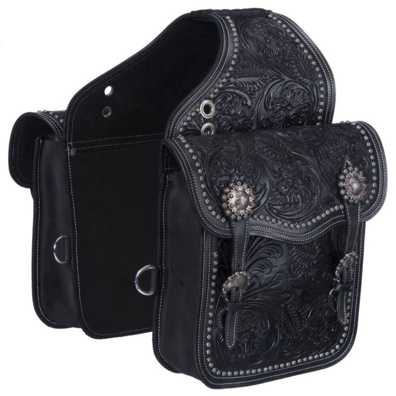 61-9915-2-0 Tough1 Oak Leaf Tooled Saddle Bag Black sku 61-9915-2-0