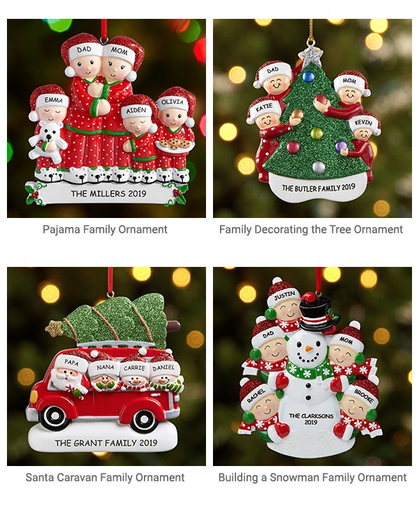 Pajama Family Ornament, Family Decorating the Tree ornament, Santa Caravan Family ornament, Building a snowman family ornament