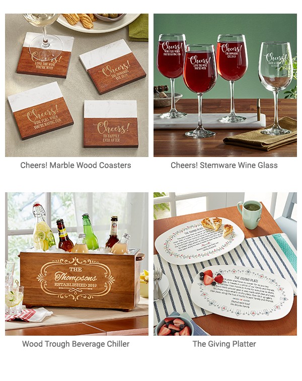 Cheers! Marble wood coasters, Cheers! Stemware Wine Glass, Wood Trough Beverage Chiller, The Giving Platter