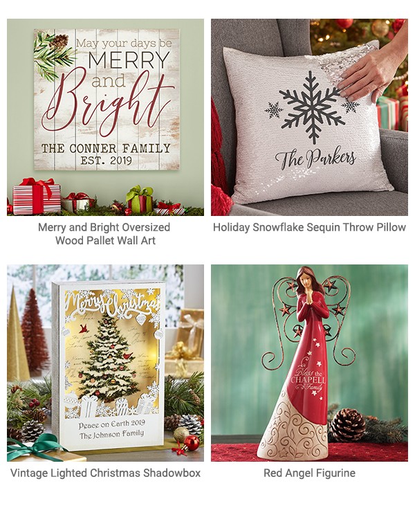 Merry & Bright Oversized Wood Pallet Wall Art, Holiday Snowflake Sequin Throw Pillow, Vintage Lighted Christmas Shadowbox, Red Angel Figurine