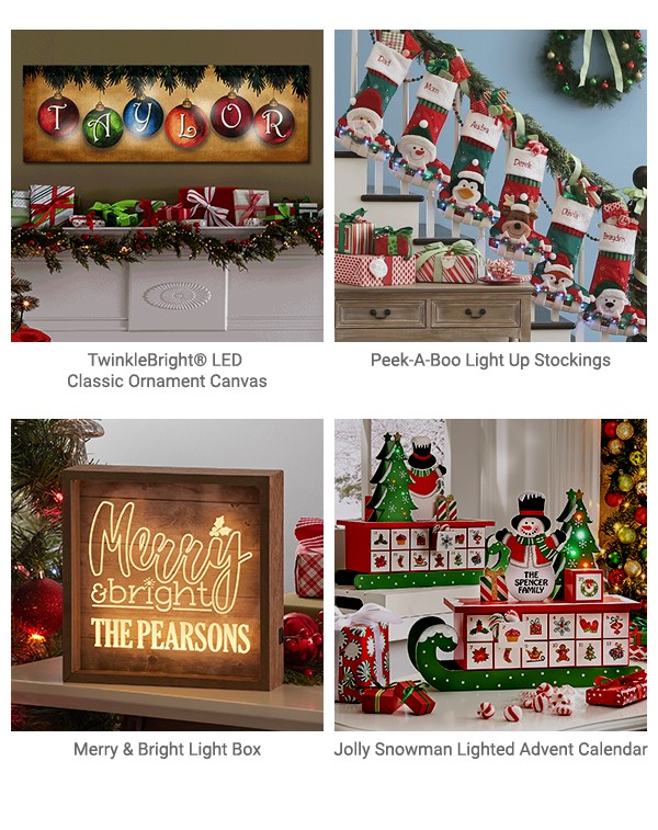 TwinkleBright LED Classic Ornament Canvas, Peek-A-Boo Light Up Stockings, Merry & Bright Light Box, Jolly Snowman Lighted Advent Calendar