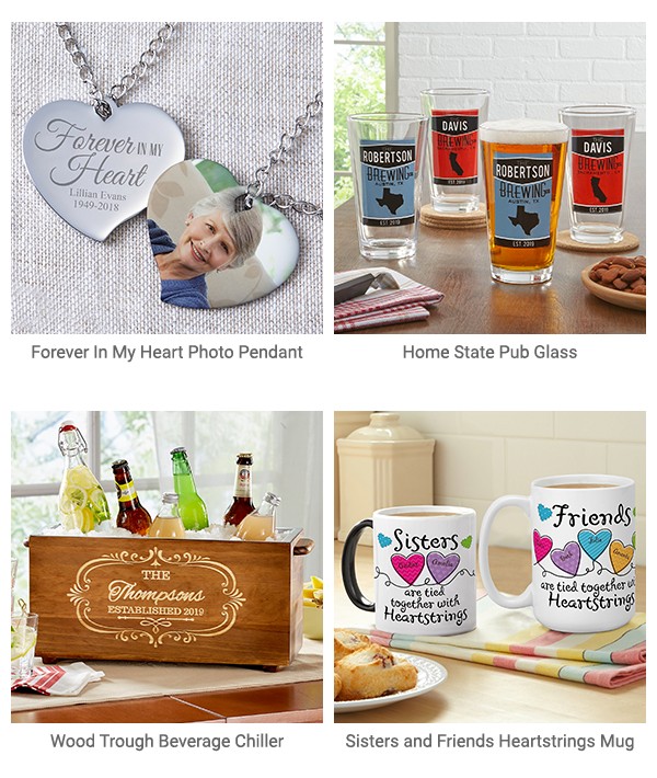 Forever In My Heart Photo Pendant, Home State Pub Glasses, Wood Trough Beverage Chiller, Sisters and Friends Heartstrings Mug