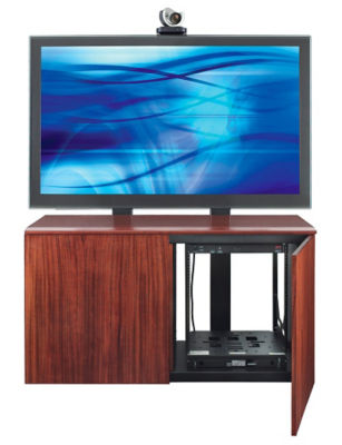 AVTEQ 3-Bay Credenza. Supports Single Display up to 103in. Dual Displays up to 80in. . Includes 12RU Sliding Rotating Rack. Choice of Laminate (L) Finish.