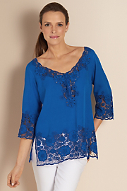 Women's Petite Linen/Rayon White Cutwork and Embroidered Toujours Tunic - Blue