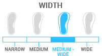 Width: Medium Wide - Last between 102-103mm. For a slightly wider than average foot