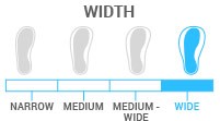 Width: Wide - Last between 104-106mm.  Best for skiers with a wide foot