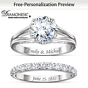 Diamonesk Bridal Ring Set With Engraved Names And Date