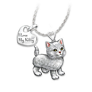 Grey Tabby Diamond Pendant Necklace: Legs And Tail Move