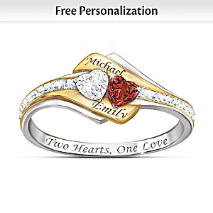 Two Hearts Become One Engraved Topaz, Garnet & Diamond Ring