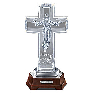 His Heavenly Grace Illuminated Glass Cross With Jesus Image