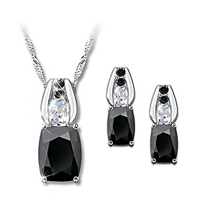 Black Spinel And White Topaz Necklace And Earrings Set