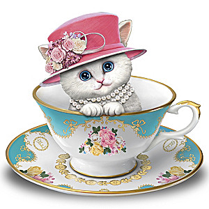 "Royal Purr-fection" Sculpted Cat and Teacup Figurine