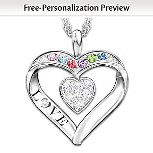 Name-Engraved Spinning Heart Family Birthstone Necklace